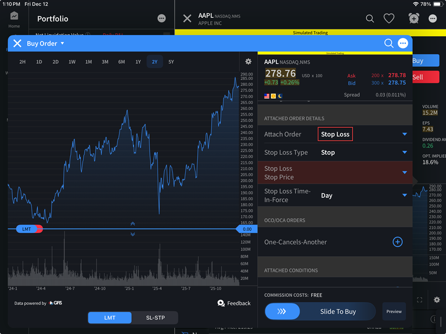 The stop loss option on the iPad
